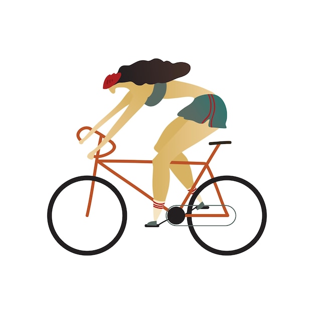 La chica del casco monta rápidamente una ilustración de vector de bicicleta