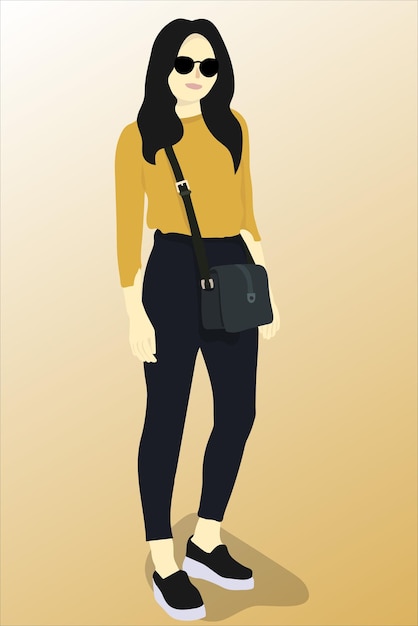 Vector chica casual con vestido amarillo y bolso negro.