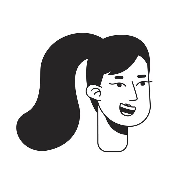 Chica caucásica alegre cabeza de personaje monochromática plana lineal adolescente con peinado de cola de caballo con contorno editable icono de cara humana dibujado a mano icono de punto vectorial de dibujos animados 2D ilustración de avatar para animación