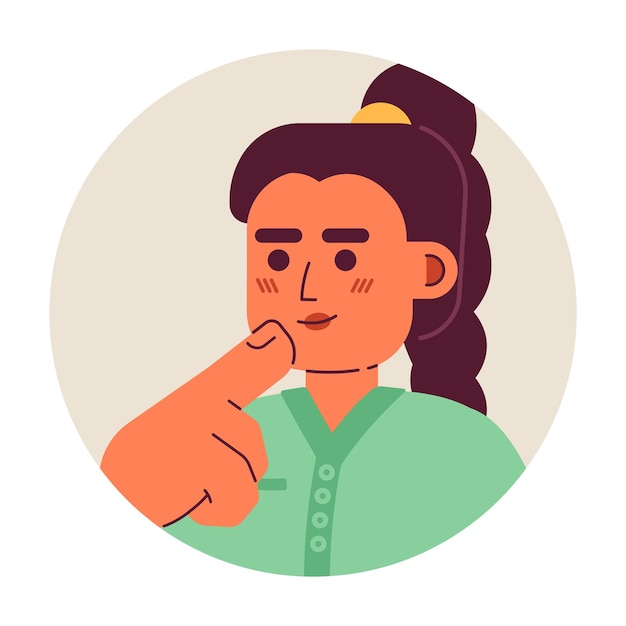 Chica caucásica con cola de caballo trenzada acariciando el mentón ilustración de avatar vectorial 2D mujer europea trenzada pensando duro cara de personaje de dibujos animados elección haciendo imagen de perfil de usuario de color plano aislada en blanco