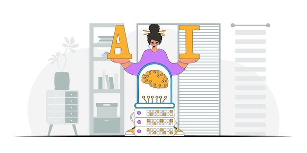 Chica con cerebro AI, aspecto moderno, arte vectorial.