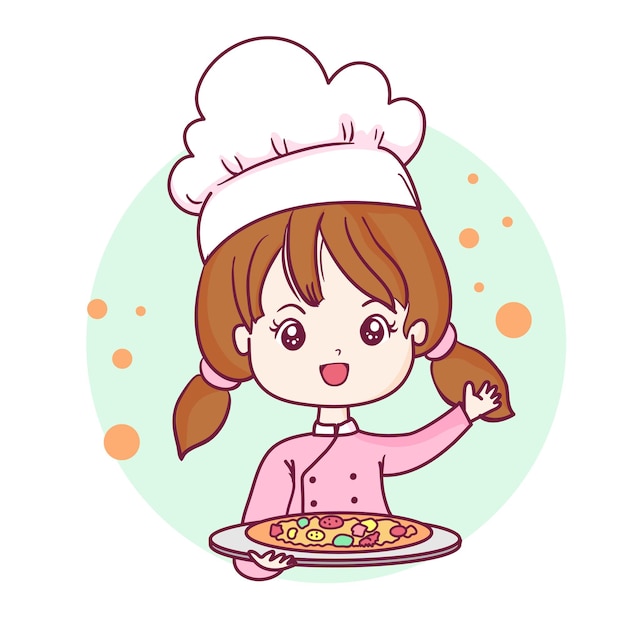 Chica chef de estilo kawaii con ilustración de pizza