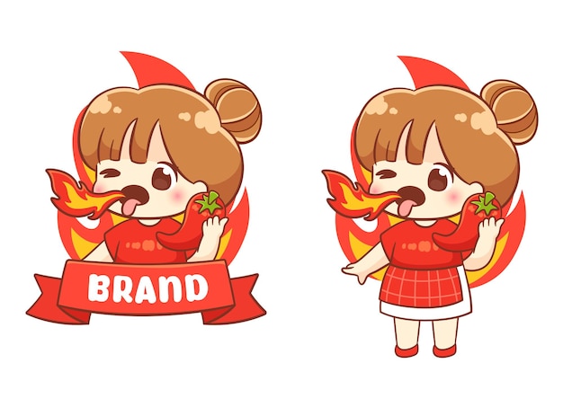 Chica chef linda con el logotipo de dibujos animados de comida picante de chile caliente