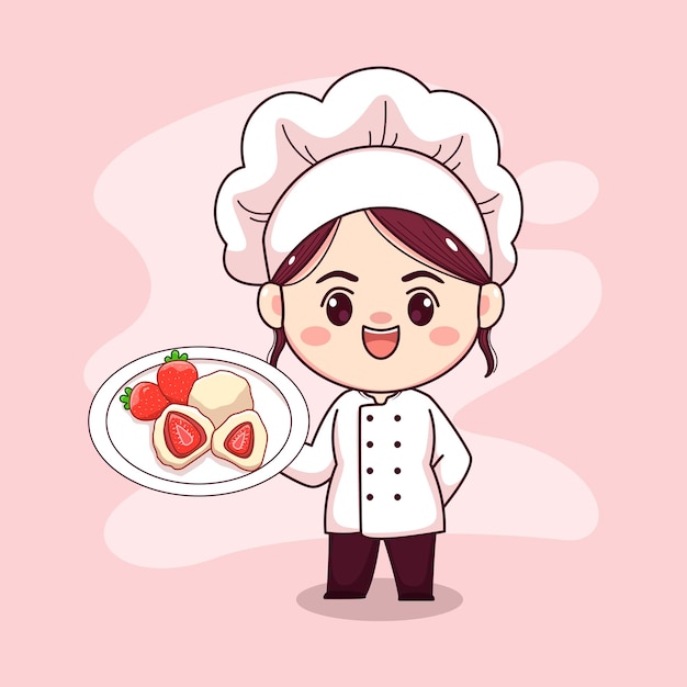 Vector chica chef con mochi de fresa