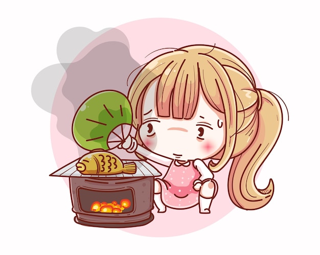 Chica chef se prepara para cocinar comida y diseño de personajes de dibujos animados.