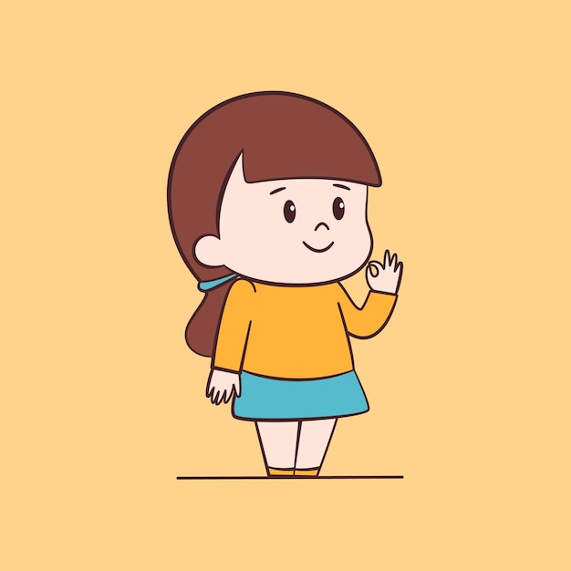 Vector chica chibi linda con señal de dedo ok kawaii ilustración de personaje de dibujos animados en fondo amarillo