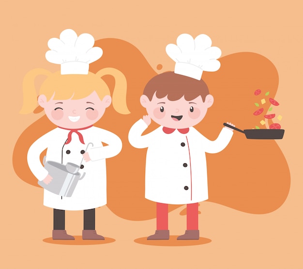 Chica y chico de chef con personaje de dibujos animados de verduras y cacerola de cuchara