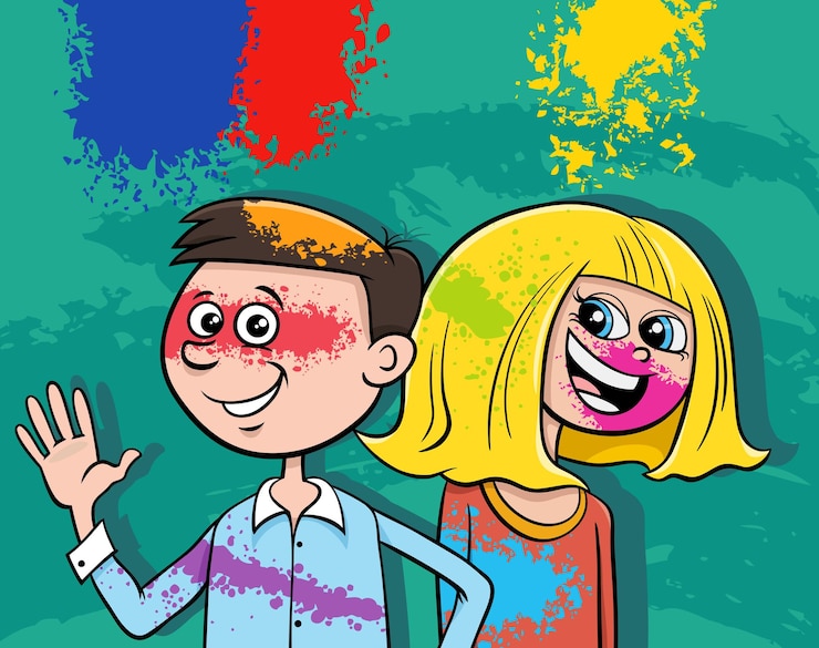 Vector una chica y un chico de dibujos animados felices divirtiéndose en una fiesta con polvos de color