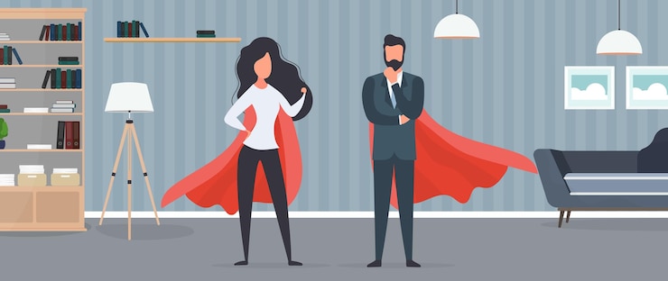 Vector chica y chico con impermeable rojo. superhéroe de mujer y hombre. el concepto de persona, empresa o familia de éxito. vector.