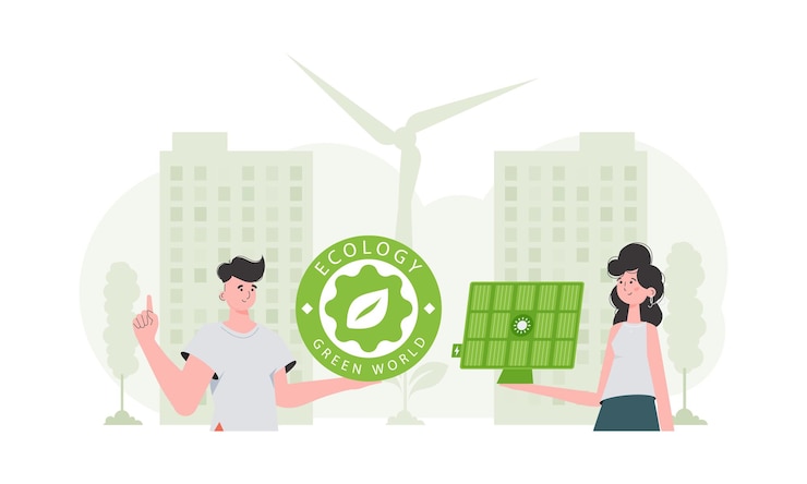 Vector una chica y un chico y un panel solar concepto de energía ecológica ilustración vectorial