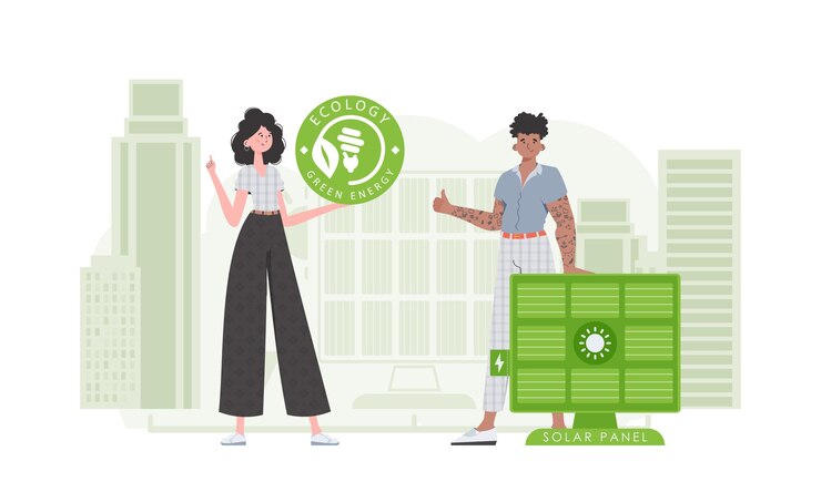 Vector una chica y un chico y un panel solar concepto de energía verde vector