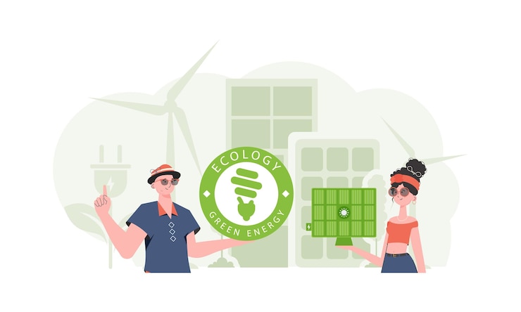 Vector una chica y un chico y un panel solar concepto de energía verde vector