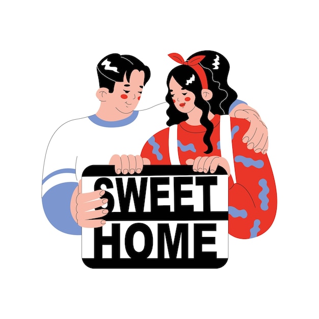 Una chica y un chico sostienen un cartel con la inscripción Sweet Home en sus manos Una familia joven compra una casa Propiedad de alquiler Estilo de dibujos animados de ilustración vectorial Aislado en fondo blanco