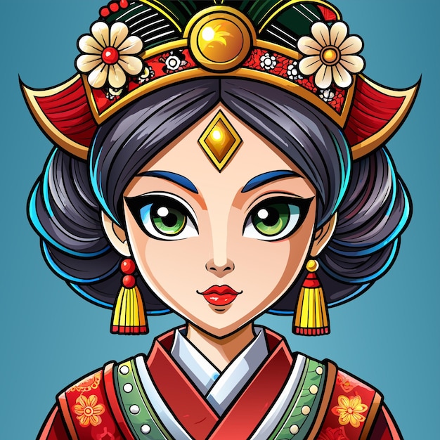 Chica china bonita en vestido mandarín con pegatina de personaje de dibujos animados dibujada a mano para el año nuevo chino