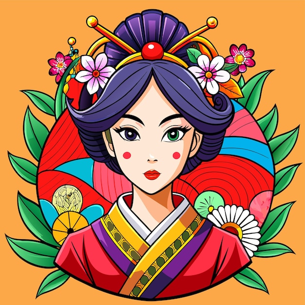 Vector chica china bonita en vestido mandarín con pegatina de personaje de dibujos animados dibujada a mano para el año nuevo chino