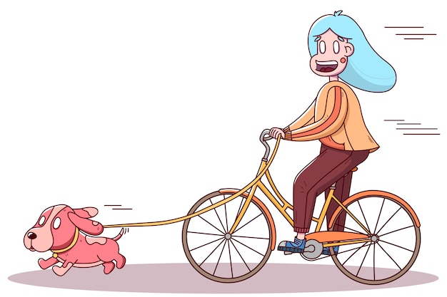Chica ciclista pasear con un perro. estilo de vida deportivo saludable, al aire libre.