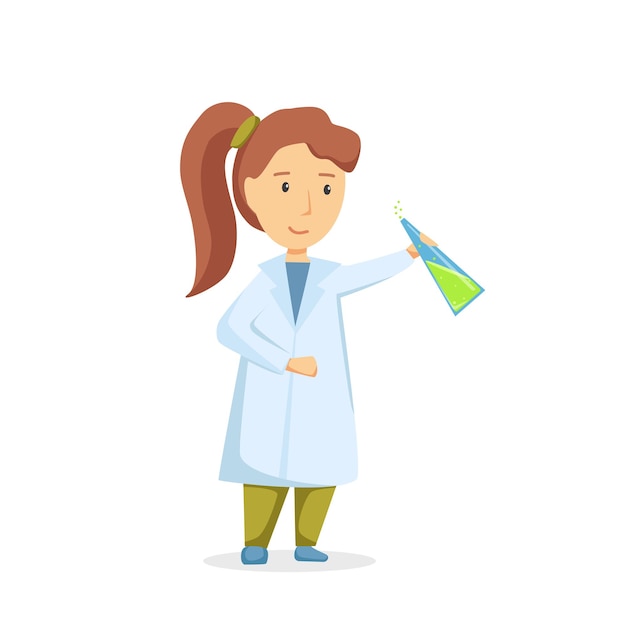 Chica científica. Chica en el laboratorio de química. Ilustración de dibujos animados vectoriales.