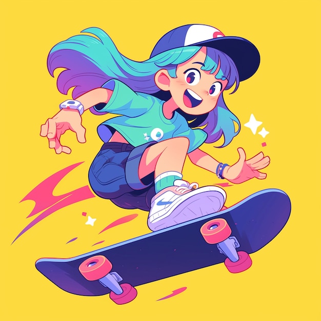 Vector una chica de cincinnati hace ramp skateboarding al estilo de dibujos animados