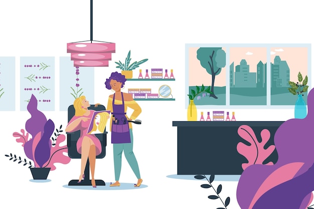 Chica cliente se preocupa por el cabello en salón vector ilustración peluquería profesional chica de dibujos animados con