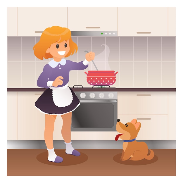 Chica cocinando la cena con su perro mascota ilustración vectorial de dibujos animados de niño preparando comida en la cocina