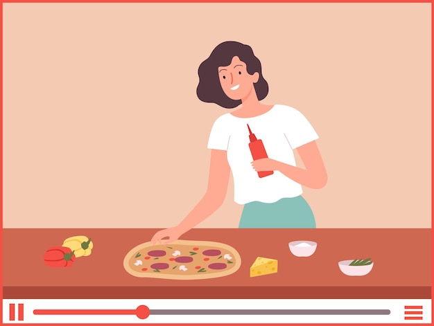 Chica cocinar pizza blogger culinario preparación de alimentos tutorial en línea mujer feliz chef web hornear escuela vector ilustración