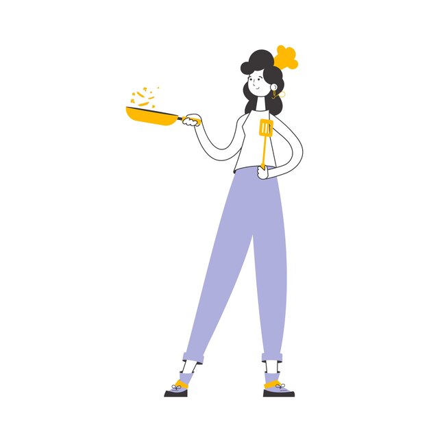 La chica la cocinera sostiene una sartén Vector aislado de estilo moderno lineal