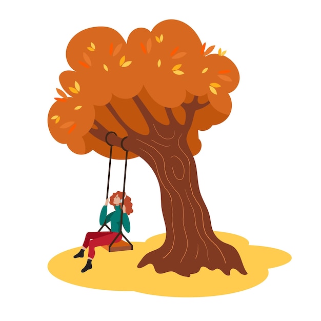 Vector chica en un columpio árbol de otoño ilustración plana aislada sobre fondo blanco