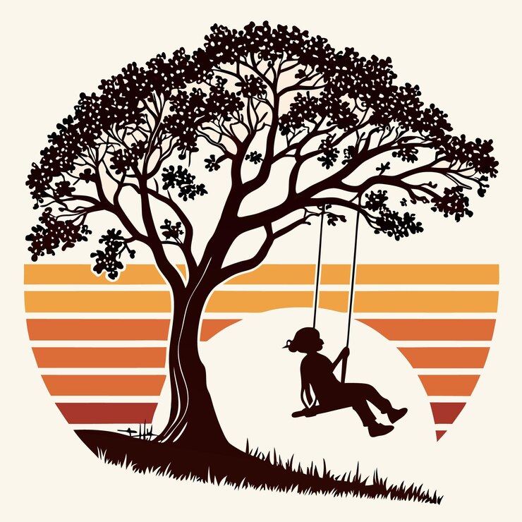 una chica en un columpio bajo un árbol con el sol detrás de ella