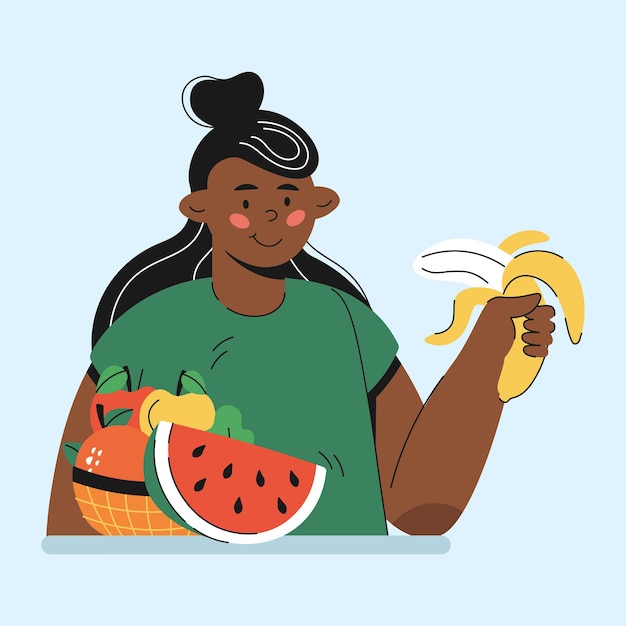 Chica comiendo fruta con estilo de dibujos animados de carácter de plátano