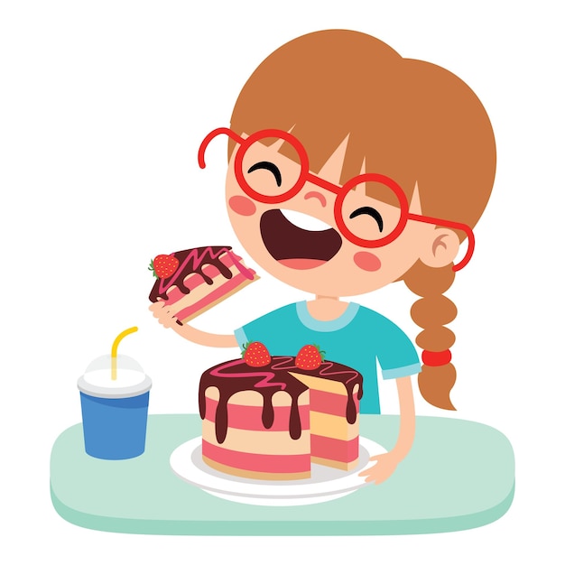 una chica comiendo un pedazo de pastel con una pajita en la boca