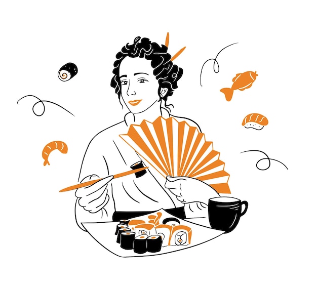 Chica comiendo rollos de sushi Cocina japonesaConcepto de negocio de restauranteIlustración vectorial