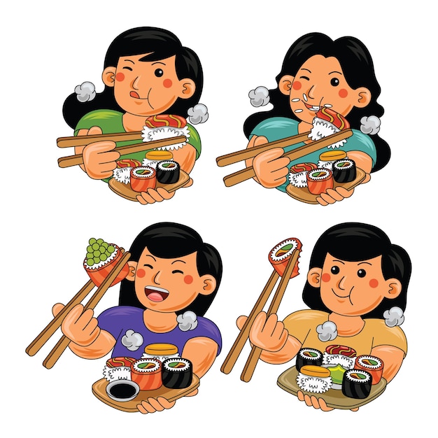 Una chica comiendo sushi.