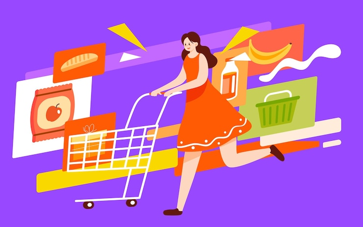 Vector chica de compras de comercio electrónico empujando un carrito de compras para comprar artículos ilustración vectorial