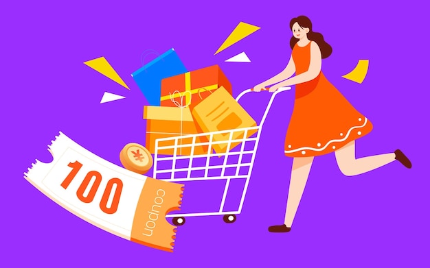 Chica de compras de comercio electrónico empujando un carrito de compras para comprar artículos ilustración vectorial