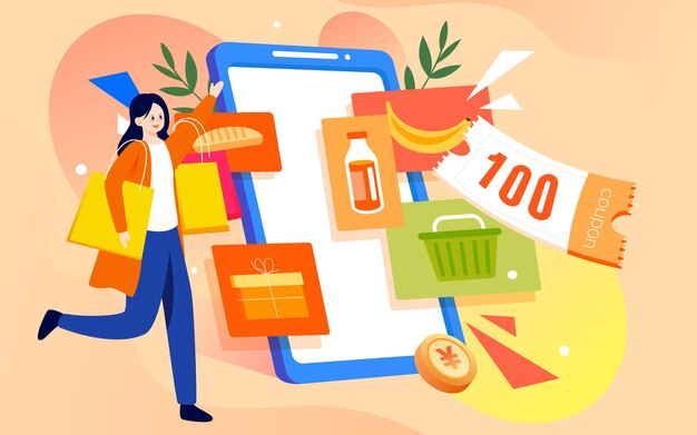 Chica de compras de comercio electrónico empujando un carrito de compras para comprar artículos ilustración vectorial