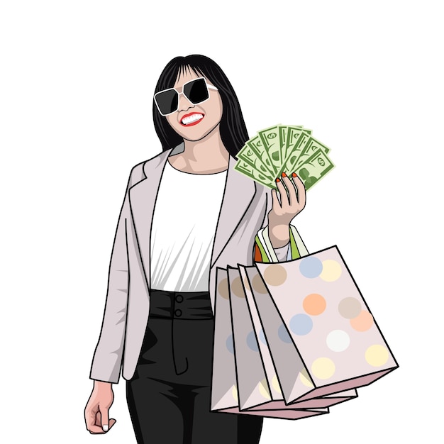 Chica de compras hermosa feliz con ilustración de vector de dibujos animados de bolsa