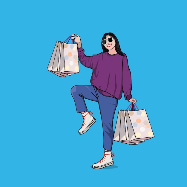 Chica de compras hermosa feliz con ilustración de vector de dibujos animados de bolsa