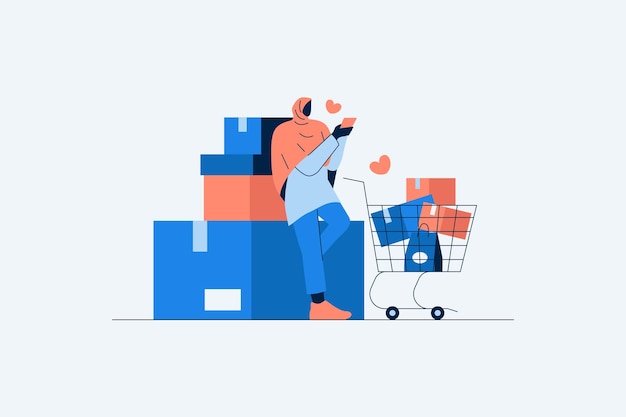 Vector chica de compras en la ilustración de vector de comercio electrónico en estilo plano