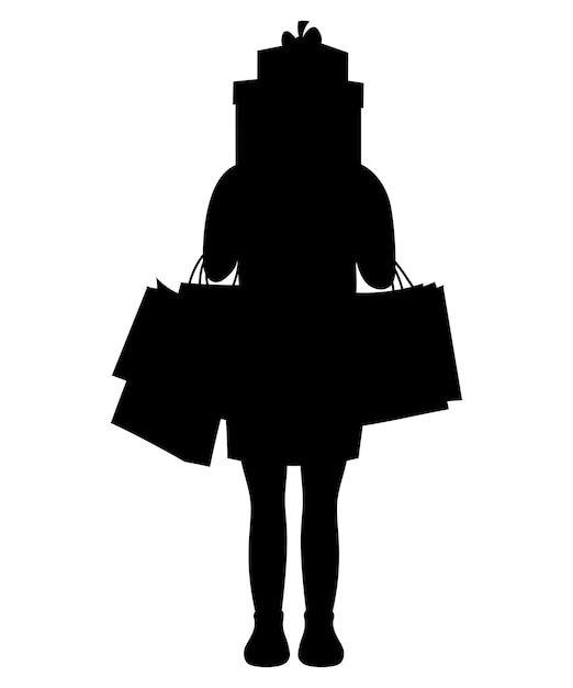 Chica de compras con paquetes y cajas de regalos silueta dibujo negro