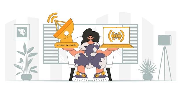 Chica con computadora portátil y antena parabólica para Internet de las cosas, estilo moderno de carácter vectorial.