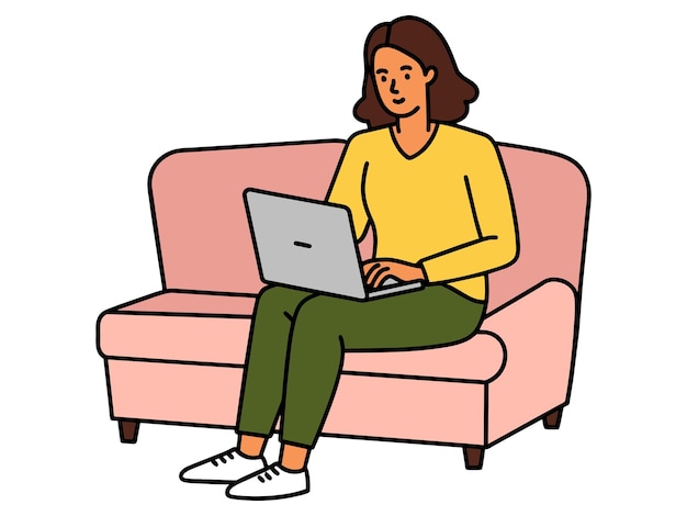 chica con computadora portátil sentada en el sofá independiente o estudiando concepto ilustración linda en estilo plano