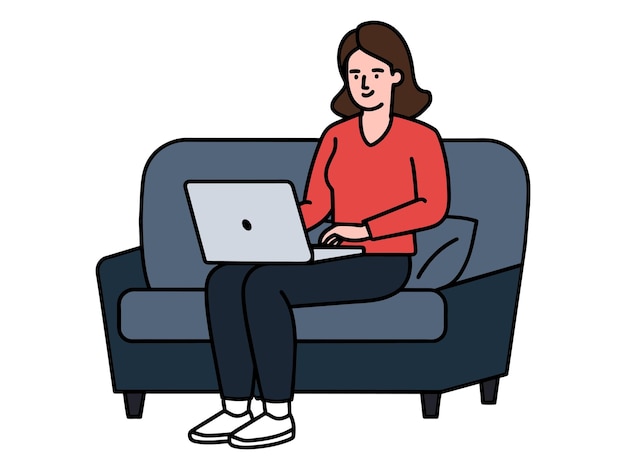 chica con computadora portátil sentada en el sofá independiente o estudiando concepto ilustración linda en estilo plano