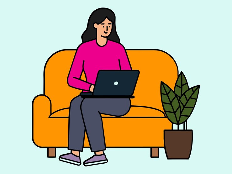 Vector chica con computadora portátil sentada en el sofá independiente o estudiando concepto ilustración linda en estilo plano