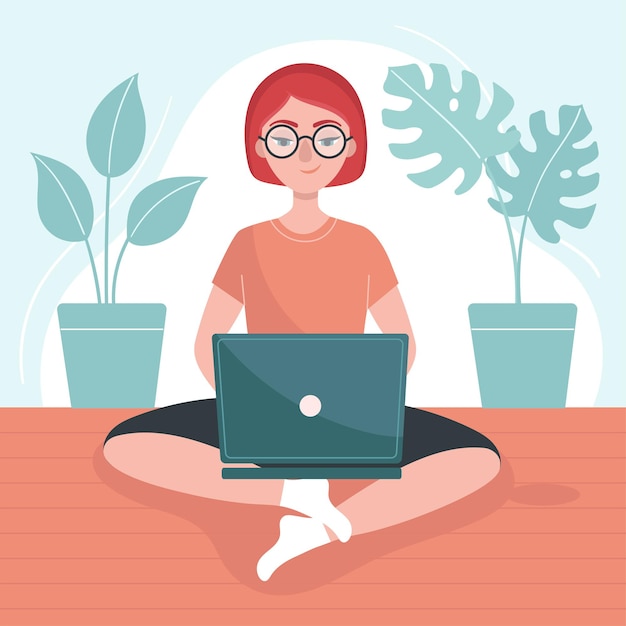Chica con una computadora portátil se sienta en el suelo. Concepto de autónomo, trabajo a domicilio. Quédate en casa.