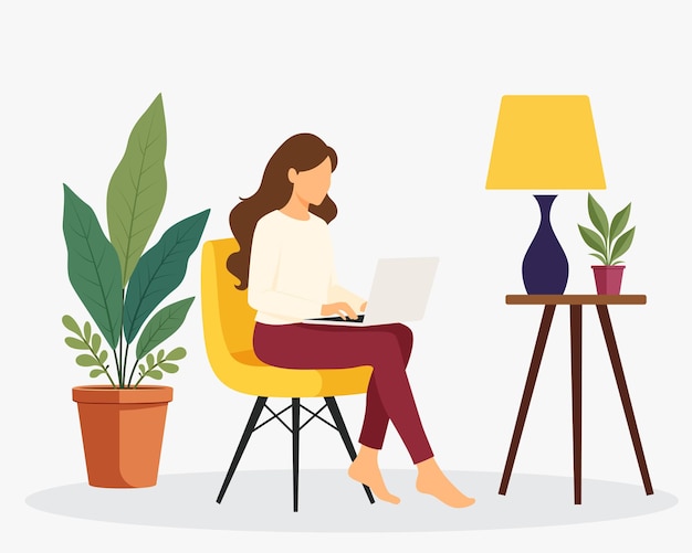 chica con una computadora portátil en una silla independiente o concepto de formación