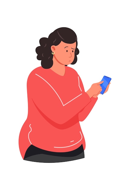 Chica confundida mirando teléfono de pantalla, ilustración vectorial plana