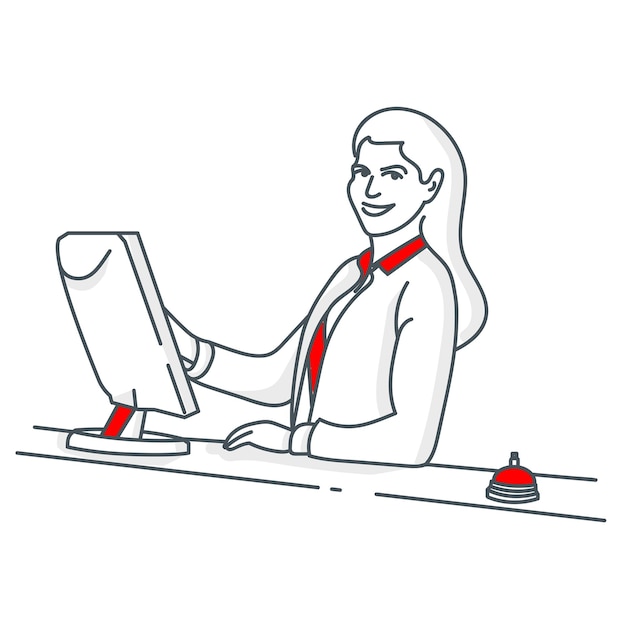 Chica de conserje con computadora sonriendo Icono de mujer de administrador de hotel Arte de línea