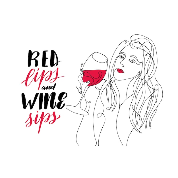 Vector chica con copa de vino dibujando labios rojos y sorbos de vino