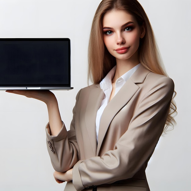 Chica corporativa con abrigo y de pie con la computadora portátil en una mano
