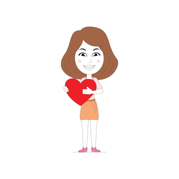 chica corporativa sosteniendo un corazón de papel rojo. Diseño conceptual de un personaje femenino con un corazón rojo.